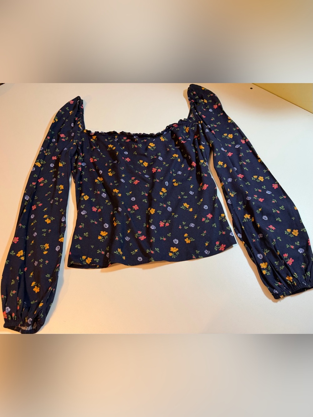 Reformation Matteo Ditsy Floral Square Neck Long Sleeve Blouse Navy Multi